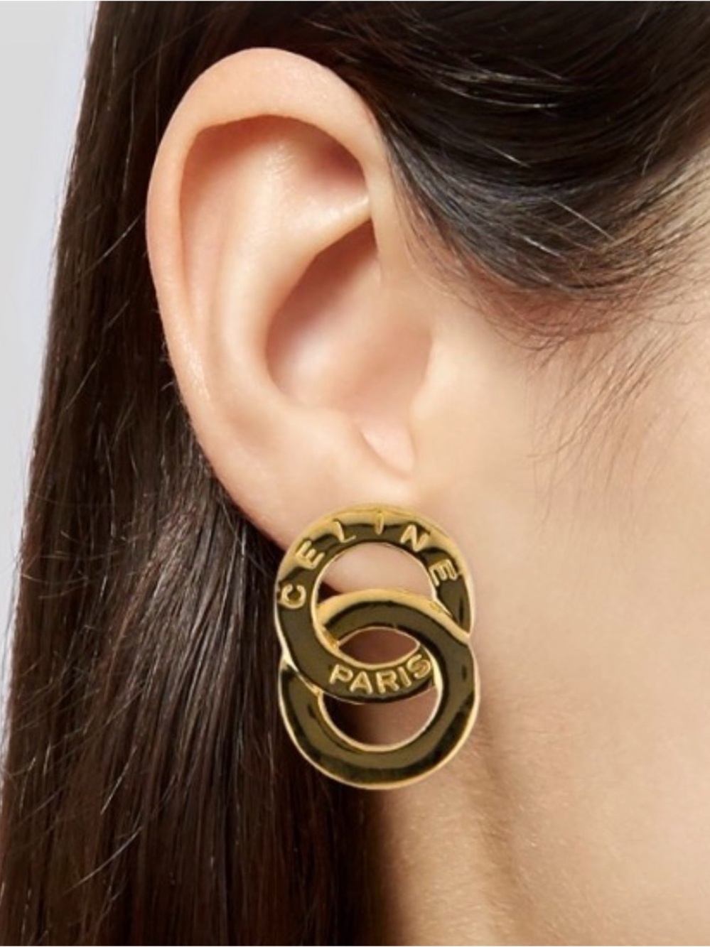 CELINE Paris Vintage double ring 24k Gold Interlocking Logo clip on Earrings